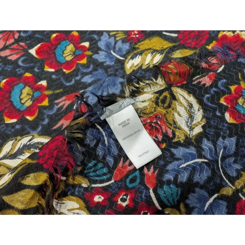 J.Jill Scarf Black Colorful Floral Print Rayon Square 48 x 47